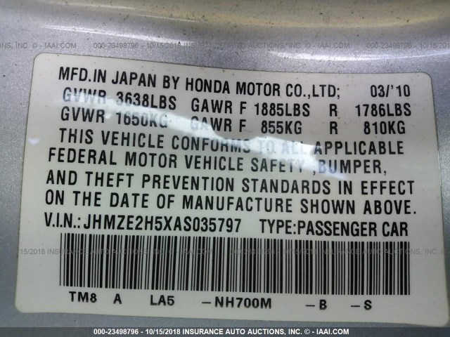 JHMZE2H5XAS035797 - 2010 HONDA INSIGHT LX GRAY photo 9