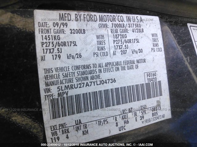 5LMRU27A7YLJ04736 - 2000 LINCOLN NAVIGATOR Schwarz Foto 9