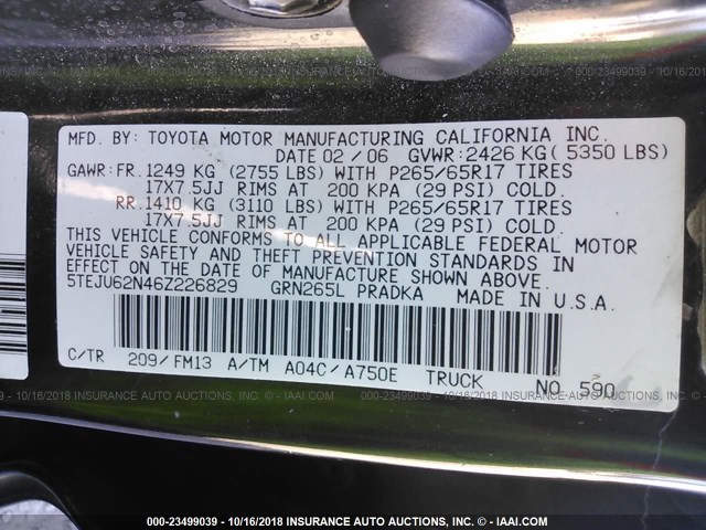 5TEJU62N46Z226829 - 2006 TOYOTA TACOMA DOUBLE CAB PRERUNNER BLACK photo 9