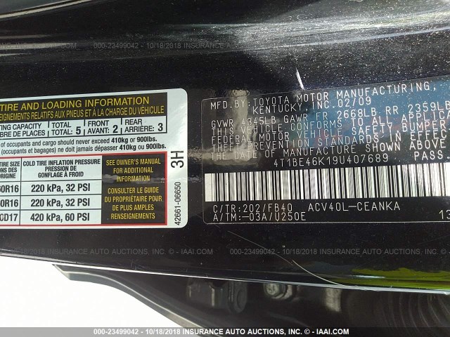 4T1BE46K19U407689 - 2009 TOYOTA CAMRY SE/LE/XLE 黑色 照片 9