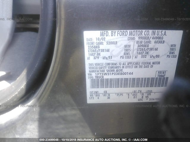 1FTSW31P23EB00144 - 2003 FORD F350 SRW SUPER DUTY GRAY photo 9