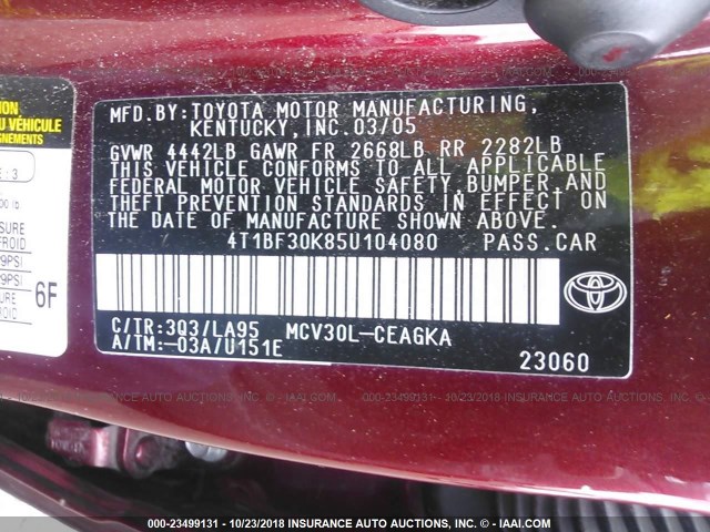 4T1BF30K85U104080 - 2005 TOYOTA CAMRY LE/XLE/SE MAROON photo 9