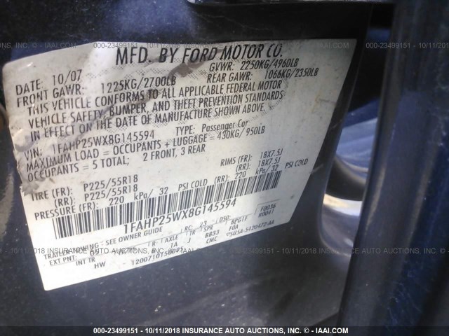 1FAHP25WX8G145594 - 2008 FORD TAURUS LIMITED GRAY photo 9