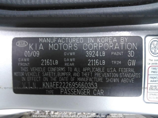 KNAFE222695660353 - 2009 KIA SPECTRA EX/LX/SX SILVER photo 9