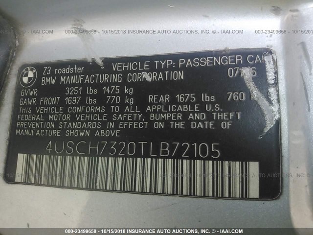 4USCH7320TLB72105 - 1996 BMW Z3 1.9 SILVER photo 9