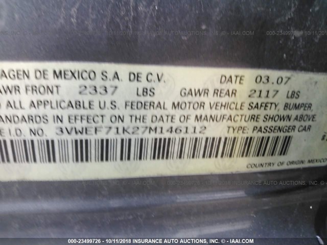 3VWEF71K27M146112 - 2007 VOLKSWAGEN JETTA WOLFSBURG 灰色 照片 9