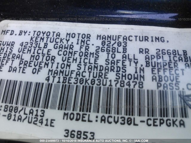 4T1BE30K03U178478 - 2003 TOYOTA CAMRY LE/XLE/SE BLUE photo 9