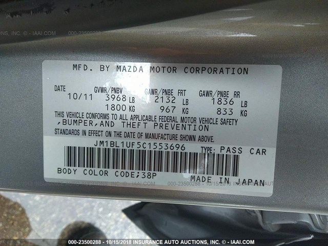 JM1BL1UF5C1553696 - 2012 MAZDA 3 I GRAY photo 9