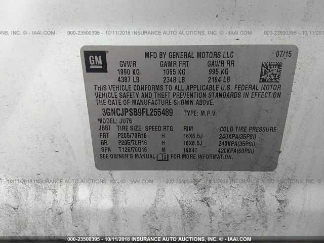 3GNCJPSB9FL255489 - 2015 CHEVROLET TRAX 1LS WHITE photo 9