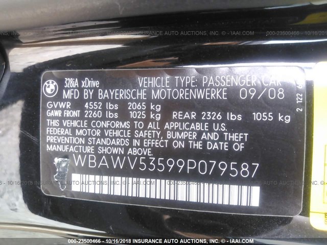 WBAWV53599P079587 - 2009 BMW 328 XI SULEV BLACK photo 9