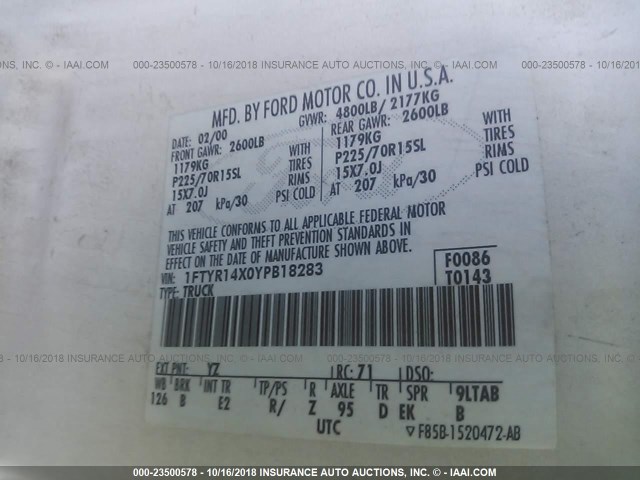 1FTYR14X0YPB18283 - 2000 FORD RANGER SUPER CAB WHITE photo 9