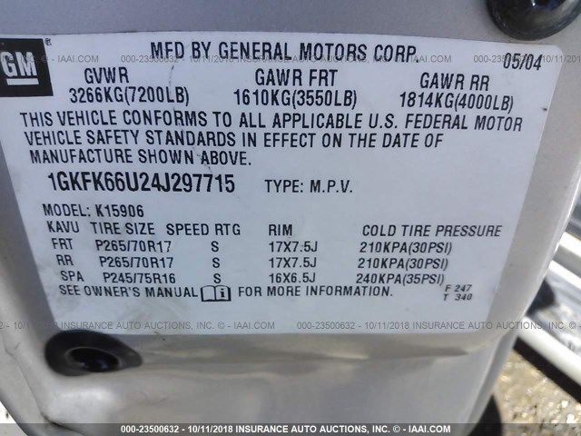 1GKFK66U24J297715 - 2004 GMC YUKON XL DENALI TAN photo 9