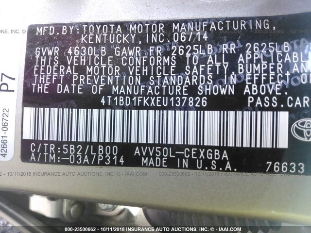 4T1BD1FKXEU137826 - 2014 TOYOTA CAMRY HYBRID/LE/XLE SILVER photo 9