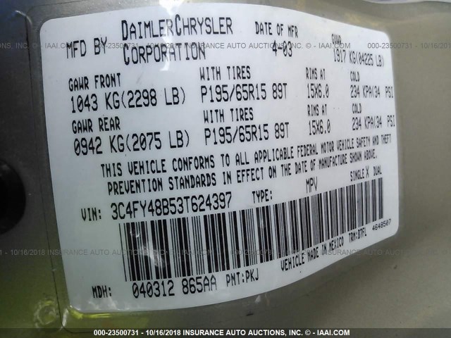 3C4FY48B53T624397 - 2003 CHRYSLER PT CRUISER CLASSIC 奶油色 照片 9