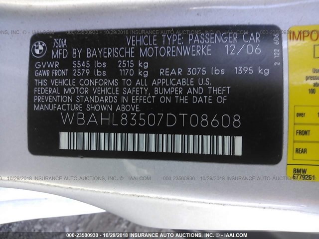 WBAHL83507DT08608 - 2007 BMW 750 I SILVER photo 9