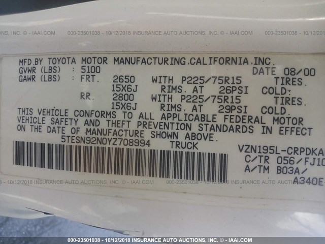5TESN92N0YZ708994 - 2000 TOYOTA TACOMA XTRACAB PRERUNNER თეთრი ფოტო 9