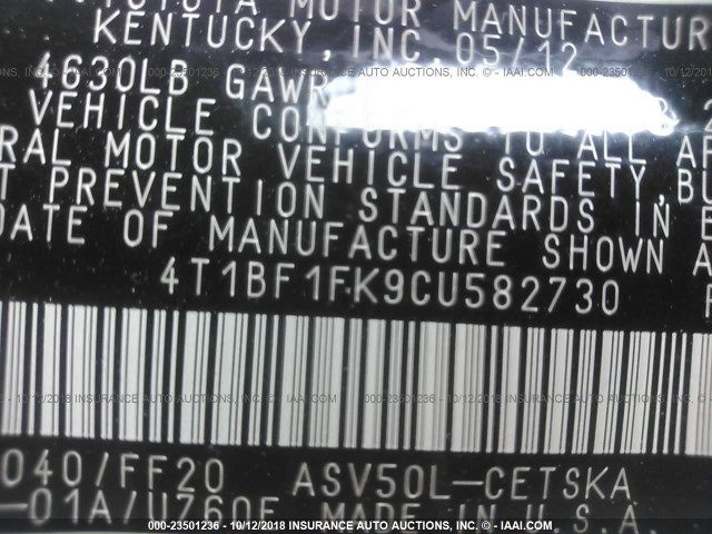 4T1BF1FK9CU582730 - 2012 TOYOTA CAMRY SE/LE/XLE 白色 照片 9