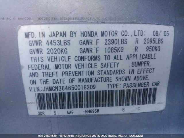 JHMCN36465C018209 - 2005 HONDA ACCORD HYBRID SILVER photo 9