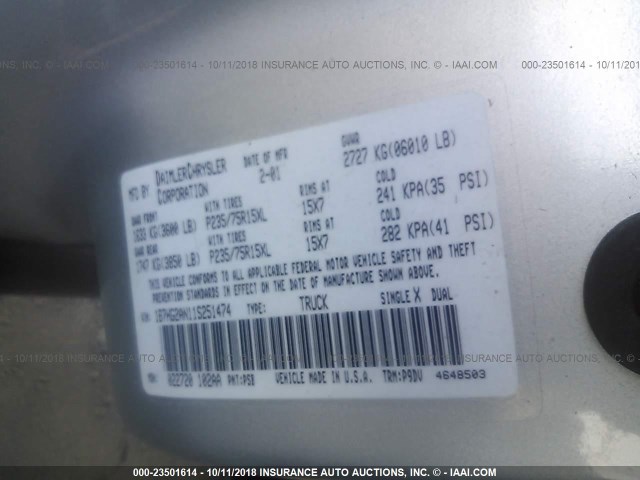 1B7HG2AN11S251474 - 2001 DODGE DAKOTA QUAD SILVER photo 9