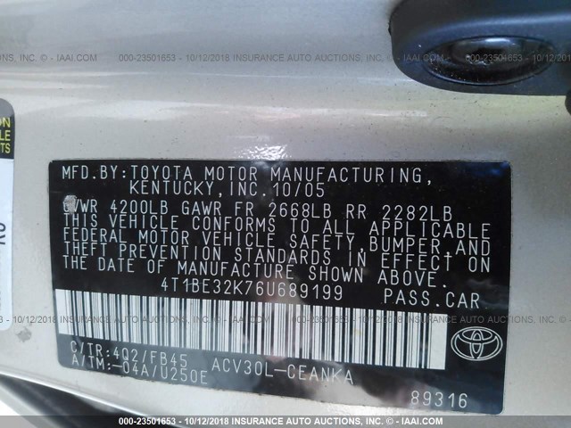 4T1BE32K76U689199 - 2006 TOYOTA CAMRY LE/XLE/SE TAN photo 9