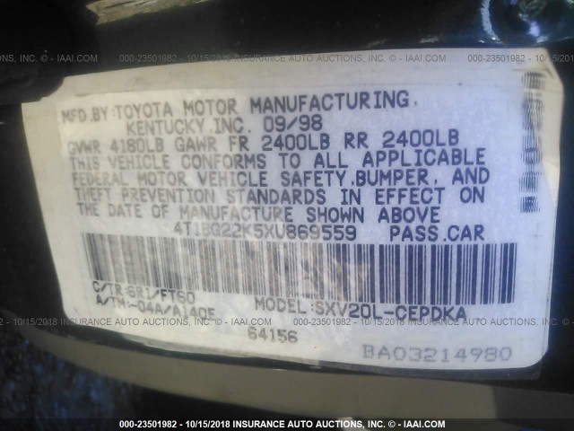 4T1BG22K5XU869559 - 1999 TOYOTA CAMRY CE/LE/XLE მწვანე ფოტო 9