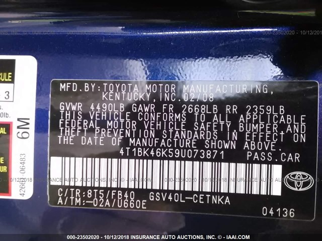 4T1BK46K59U073871 - 2009 TOYOTA CAMRY SE/LE/XLE ლურჯი ფოტო 9