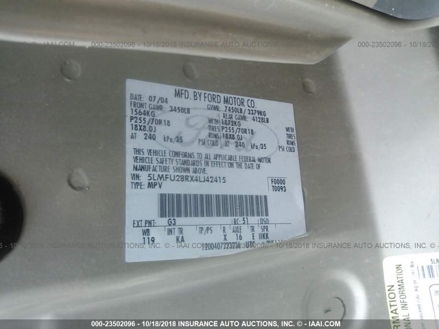 5LMFU28RX4LJ42415 - 2004 LINCOLN NAVIGATOR Brązowy zdjęcie 9