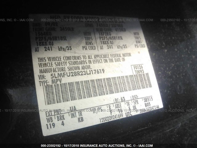 5LMFU28R23LJ17619 - 2003 LINCOLN NAVIGATOR BLACK photo 9