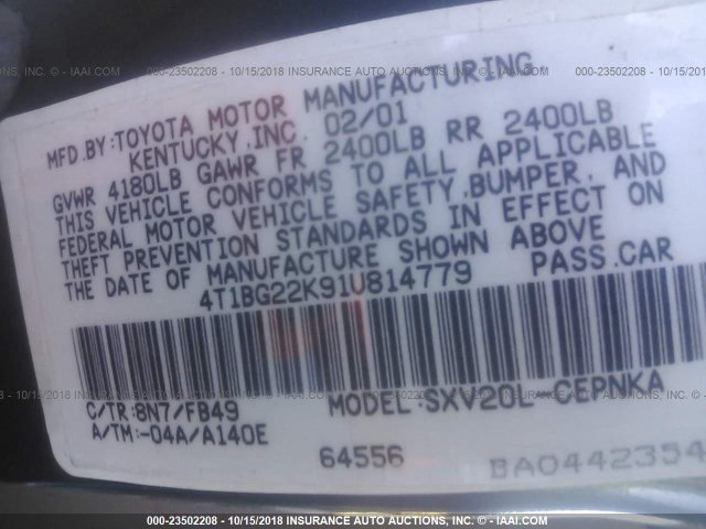 4T1BG22K91U814779 - 2001 TOYOTA CAMRY CE/LE/XLE 蓝色 照片 9