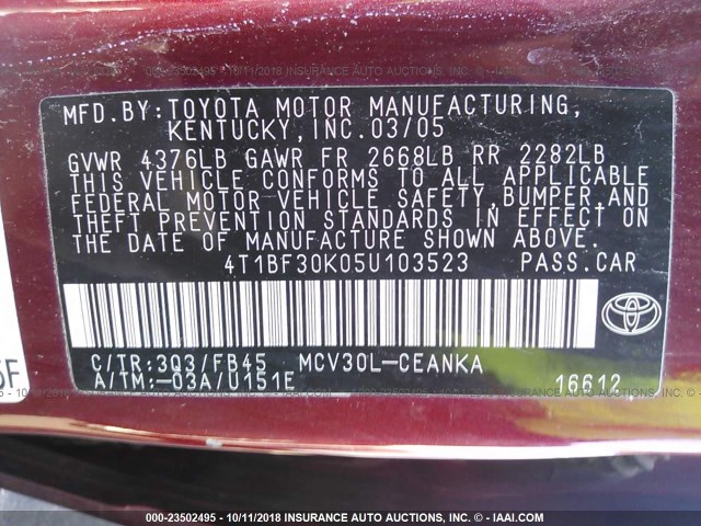 4T1BF30K05U103523 - 2005 TOYOTA CAMRY LE/XLE/SE ბურგუნდია ფოტო 9