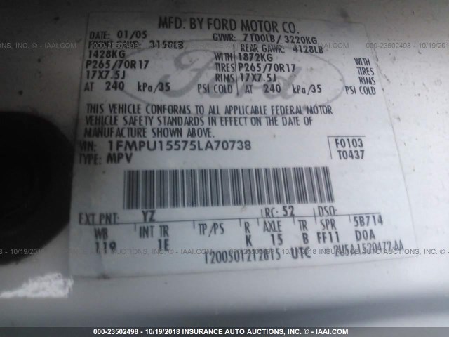 1FMPU15575LA70738 - 2005 FORD EXPEDITION XLT WHITE photo 9