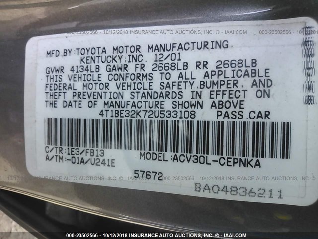 4T1BE32K72U522108 - 2002 TOYOTA CAMRY LE/XLE/SE Күміс фото 9