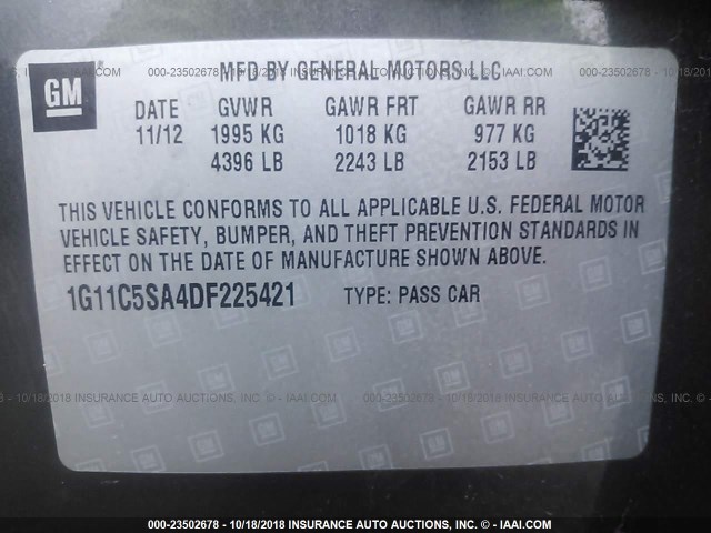 1G11C5SA4DF225421 - 2013 CHEVROLET MALIBU 1LT GRAY photo 9