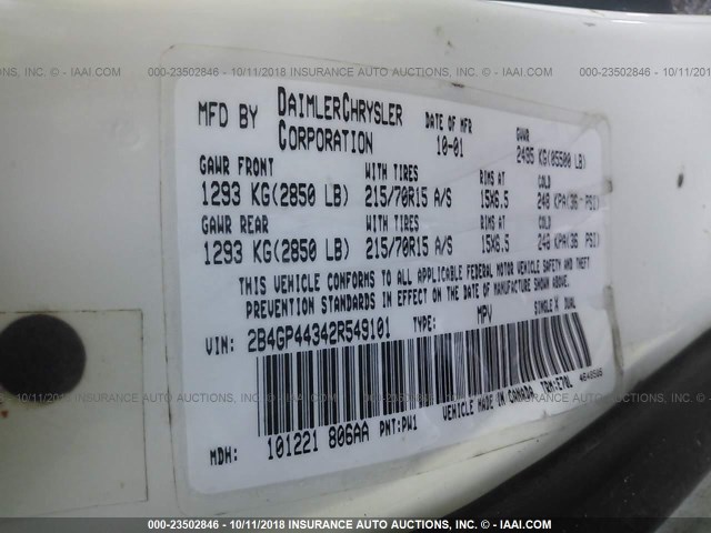 2B4GP44342R549101 - 2002 DODGE GRAND CARAVAN SPORT WHITE photo 9