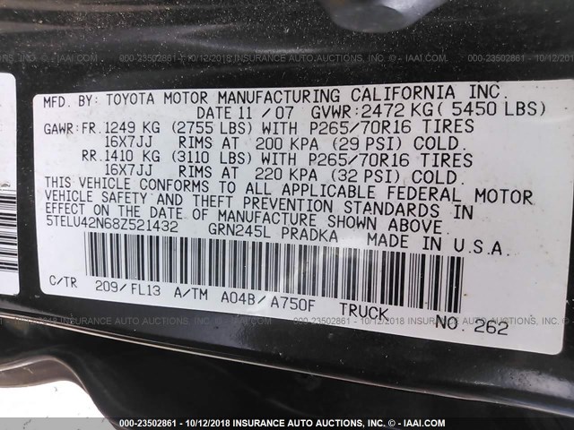 5TELU42N68Z521432 - 2008 TOYOTA TACOMA DOUBLE CAB 黑色 照片 9