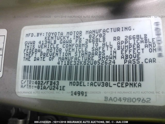 4T1BE32K82U052624 - 2002 TOYOTA CAMRY LE/XLE/SE BEIGE photo 9