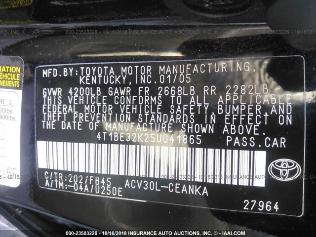 4T1BE32K25U041865 - 2005 TOYOTA CAMRY LE/XLE/SE 黑色 照片 9
