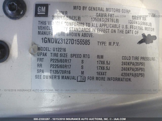 1GNDV23127D156585 - 2007 CHEVROLET UPLANDER LS GOLD photo 9