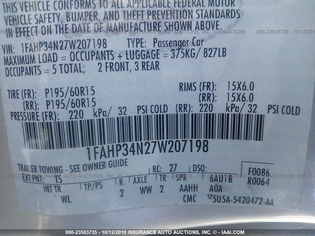 1FAHP34N27W207198 - 2007 FORD FOCUS ZX4/S/SE/SES 银色 照片 9