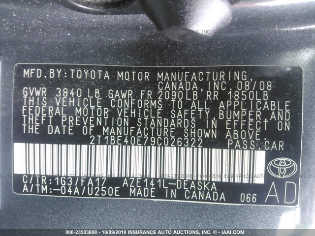 2T1BE40E79C026322 - 2009 TOYOTA COROLLA XRS GRAY photo 9