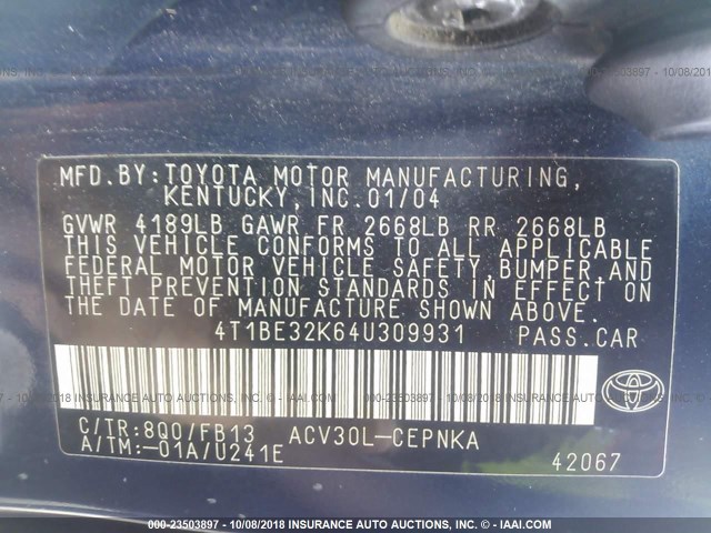 4T1BE32K64U309931 - 2004 TOYOTA CAMRY LE/XLE/SE Көк фото 9