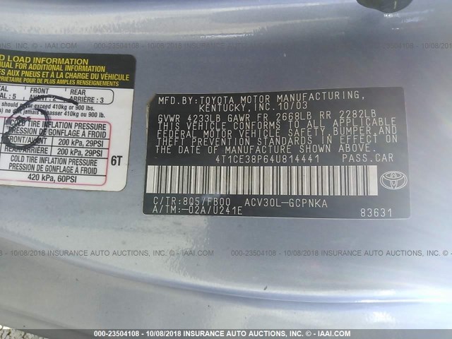 4T1CE38P64U814441 - 2004 TOYOTA CAMRY SOLARA SE/SLE Açıq mavi foto 9