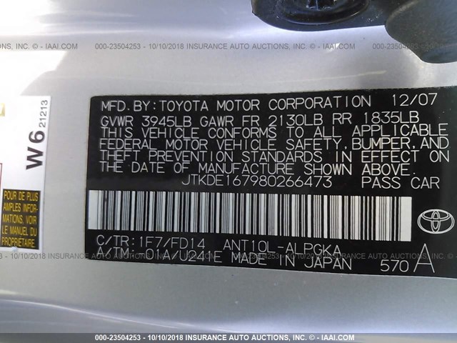 JTKDE167980266473 - 2008 TOYOTA SCION TC 银色 照片 9