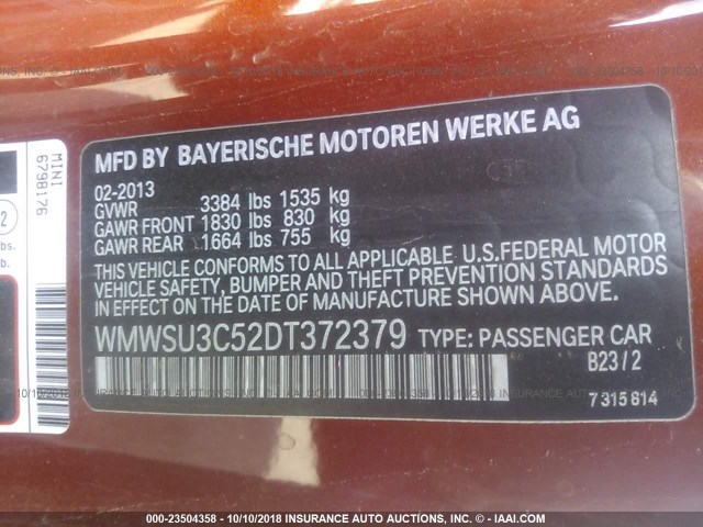 WMWSU3C52DT372379 - 2013 MINI COOPER ORANGE photo 9