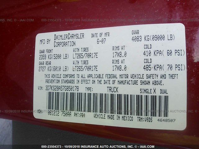 3D7KS28A57G850178 - 2007 DODGE RAM 2500 ST/SLT 红色 照片 9