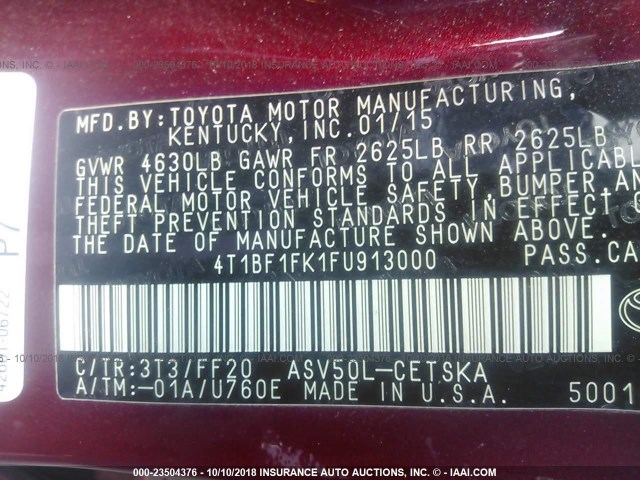 4T1BF1FK1FU913000 - 2015 TOYOTA CAMRY LE/XLE/SE/XSE 红色 照片 9