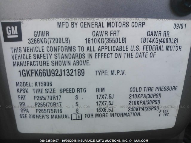 1GKFK66U92J132189 - 2002 GMC DENALI XL K1500 Champagne photo 9