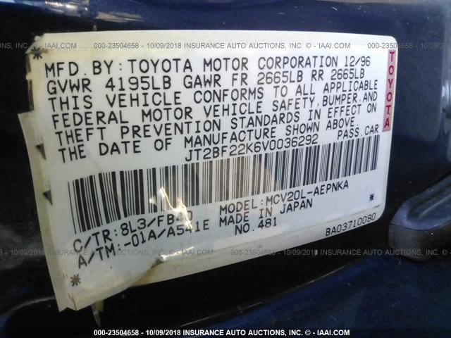 JT2BF22K6V0036292 - 1997 TOYOTA CAMRY LE/XLE Dark Blue photo 9