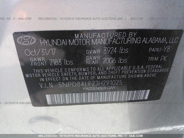 5NPD84LF2JH291025 - 2018 HYUNDAI ELANTRA SEL/VALUE/LIMITED SILVER photo 9