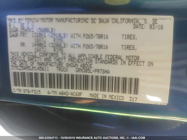 3TMCZ5AN5JM145611 - 2018 TOYOTA TACOMA DBL CAB/SR/TRDSPT/OR/PRO ლურჯი ფოტო 9